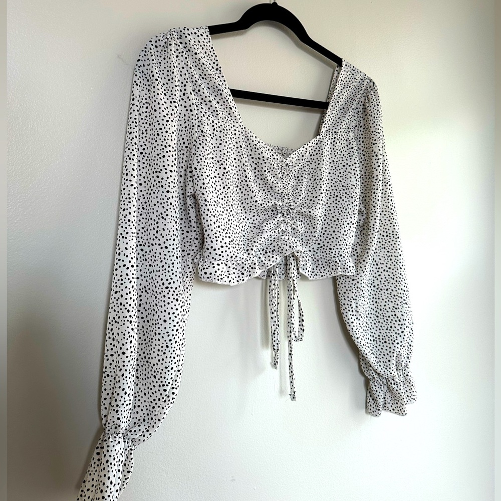 SHEIN White and Black Polka Dot Ruffled Long-Sleeved Smock Blouse Crop Top